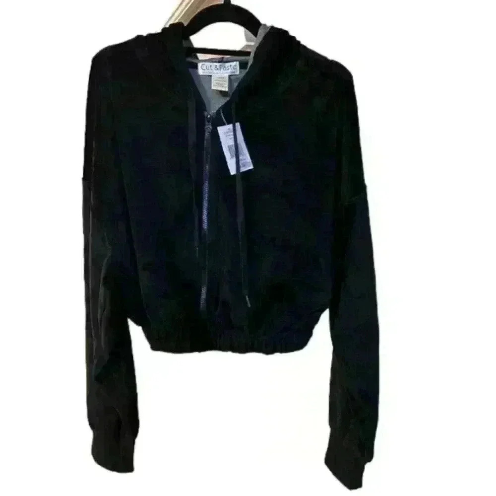 Cut & Paste Cropped Zip Jacket, Women's Size L, Black